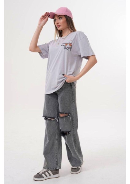 Cat Desenli Oversize Kadın Tişört