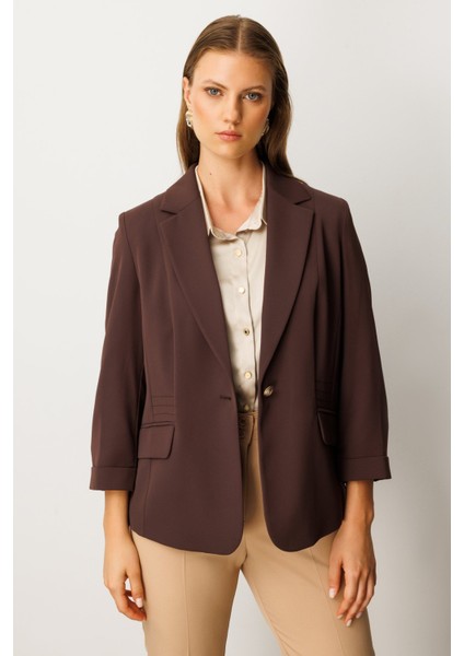 Kadın Büyük Beden Kapak Cepli Tek Düğme Ceket 5503 Kahverengi