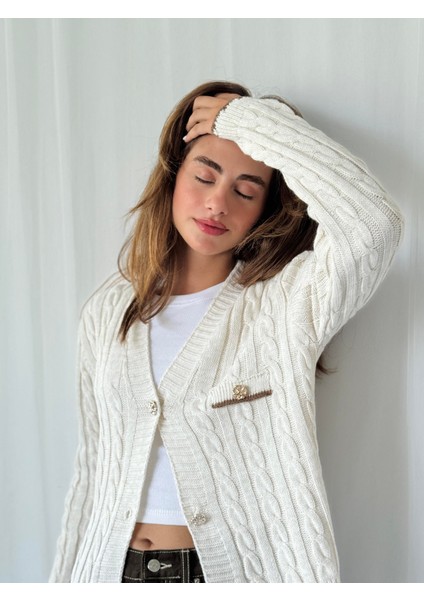 Gold Düğmeli Hırka Kadın Krem