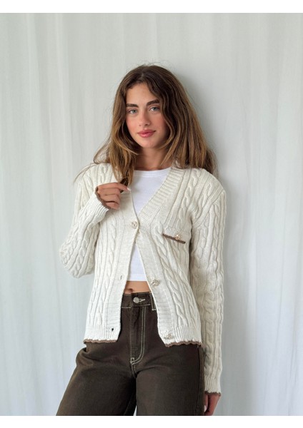 Gold Düğmeli Hırka Kadın Krem fırsatları