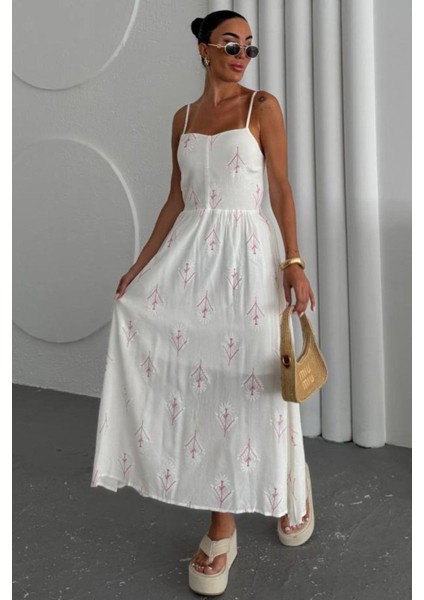 Askılı Beyaz Keten Elbise