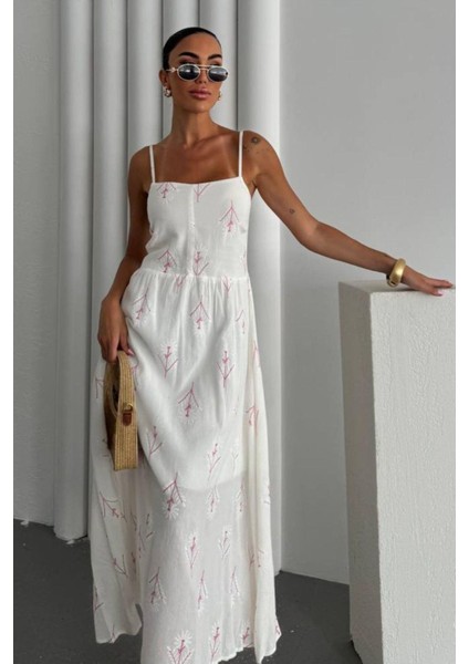 Askılı Beyaz Keten Elbise fiyatları