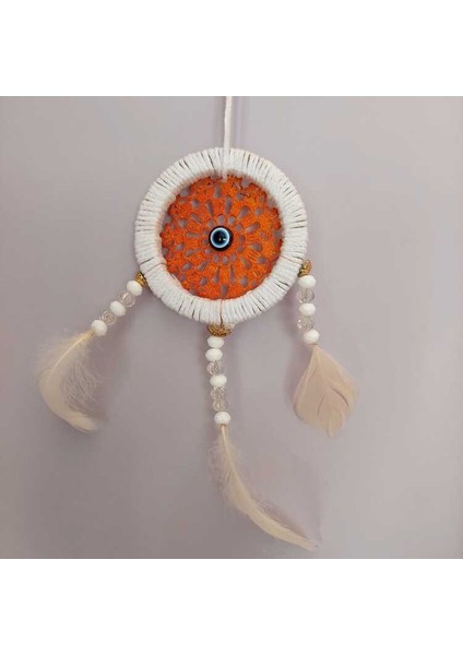 El Yapımı Turuncu Nazar Boncuklu Dreamcatcher – Tüylü, Boncuklu, Dekoratif Duvar Süsü