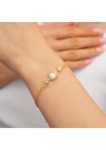 925 Ayar Sarı Altın Kaplama Baget Taşlı Gümüş Bileklik