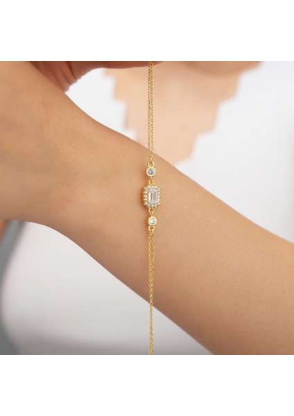 925 Ayar Sarı Altın Kaplama Baget Taşlı Gümüş Bileklik fiyatları