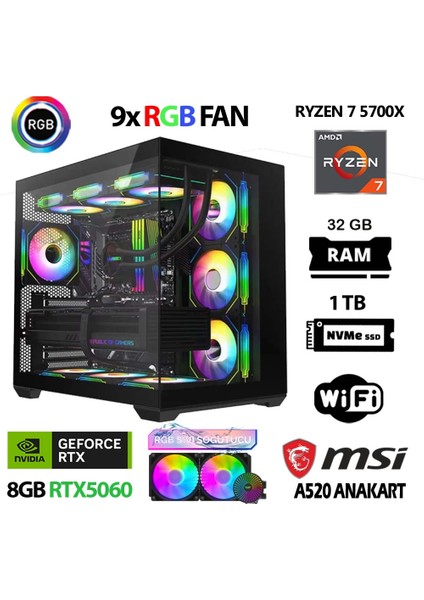 Axe X32 Ryzen 7 5700X 32GB Ram 1tb M.2 Nvme SSD 8gb RTX5060 Sıvı Soğutmalı Hazır Sistem Oyuncu Hazır Sistem