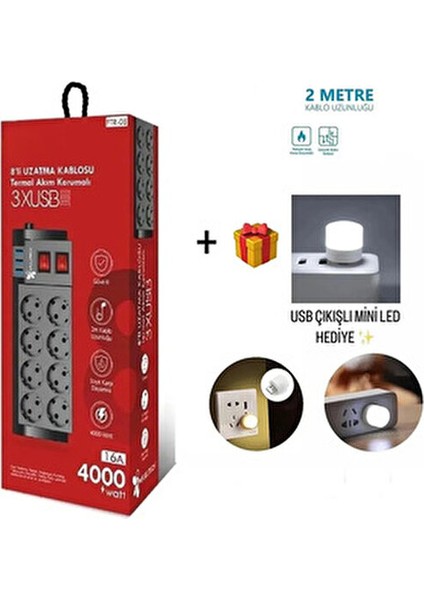 Blic 2 M Uzatma Kablosu Çoklu Priz Termal Akım Korumalı 8'li Priz 3 Usbli