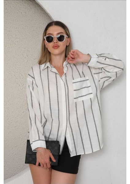 Cepli Gri Keten Kadın Gömlek