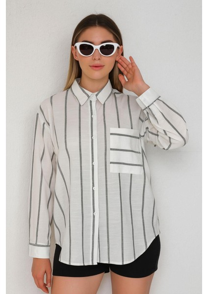 Cepli Gri Keten Kadın Gömlek fiyatları