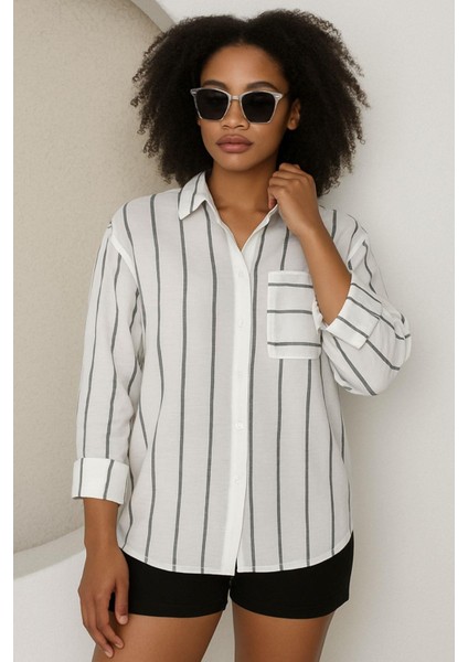 Cepli Gri Keten Kadın Gömlek fırsatları