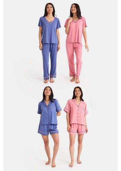 Dream Mavi/pembe Dantel Detaylı Uzun ve Şortlu Önden Düğmeli 8 Parça Pijama Takım Set fiyatları