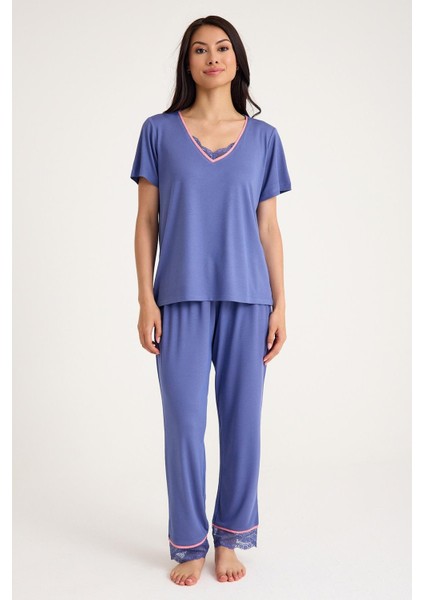 Dream Mavi/pembe Dantel Detaylı Uzun ve Şortlu Önden Düğmeli 8 Parça Pijama Takım Set indirimleri