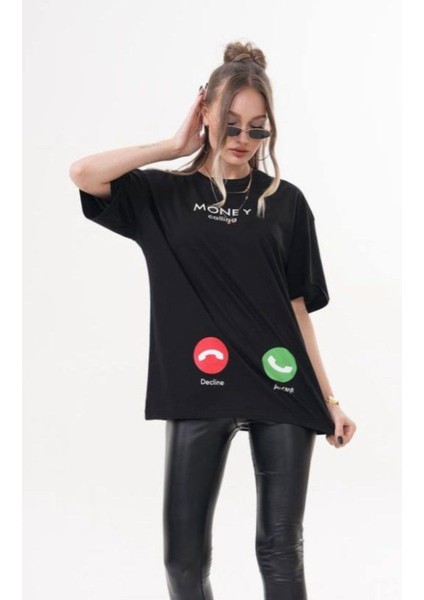 Money Call Baskılı Oversize Kadın Tişört