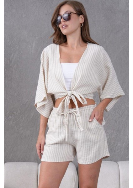 Bej Keten Kumaş Kadın Şort