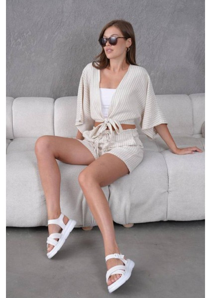 Bej Keten Kumaş Kadın Şort modelleri