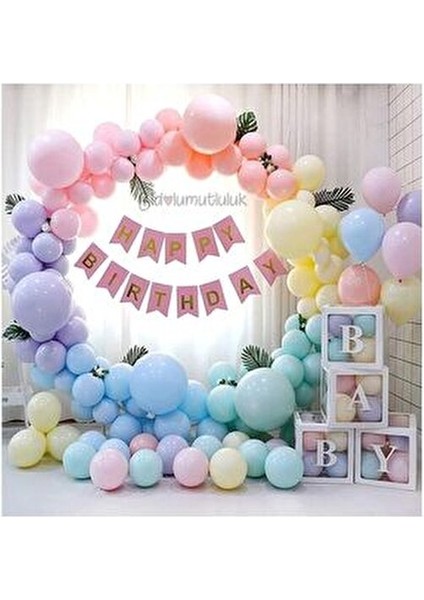 Baby Yazılı Balon Kutusu Seti Makaron Karışık Renk Doğum Günü Kutlama