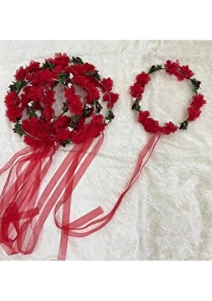 5li Yuvarlak Nedime Tacı Lazer Kesim Çiçekli ve Yapay Cipsolu Kına Nedime Tacı Kırmızı