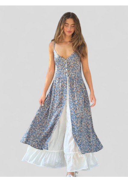 Tasarım Viktorya Dönemi Countryside Elbise Kadın Mavi