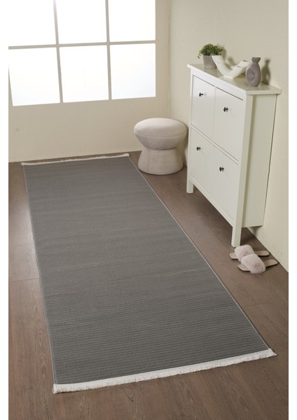 Modern Tasarımlı Salon Mutfak Koridor Halısı Düz Saçaklı Gri Renkli