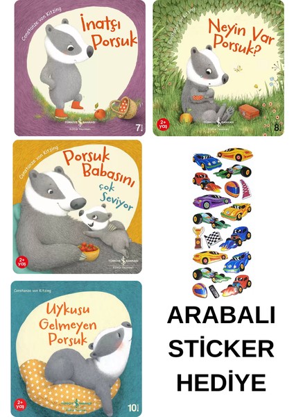 Arabalı Sticker Hediyeli - Okul Öncesi Resimli Kitaplar Masal - Porsuk Serisi 4 Kitap