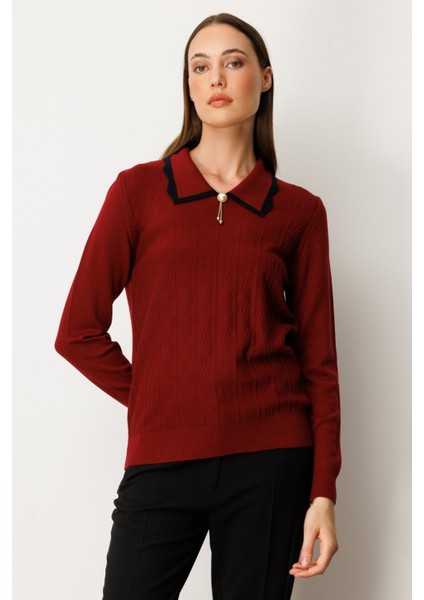 Yakası Aksesuar Detaylı Triko Kazak Bordo 65363