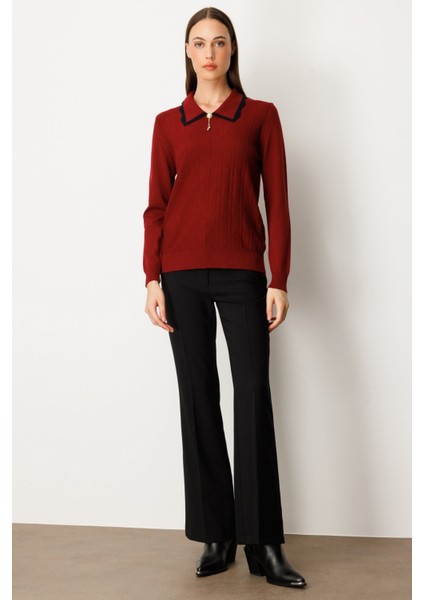 Yakası Aksesuar Detaylı Triko Kazak Bordo 65363 fiyatları