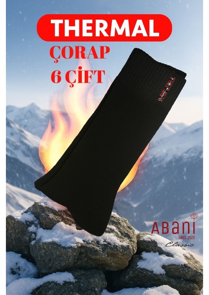6 Çift Siyah Termal Erkek - Unisex Kışlık Havlu Soket (Uzun) Çorap - Ekstra Sıcaklık