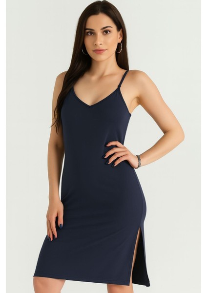 Askılı Lacivert Modal Kumaş Kadın Elbise