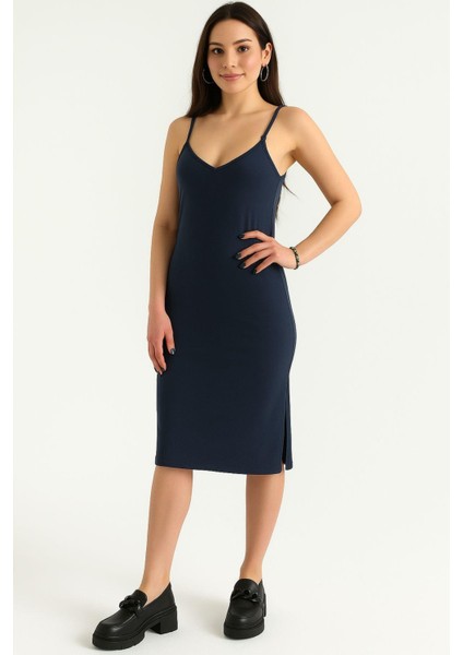Askılı Lacivert Modal Kumaş Kadın Elbise modelleri