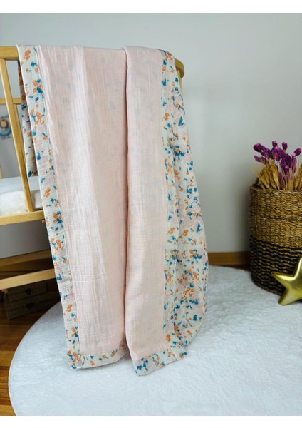 Pembe - Puantiyeli Çift Taraflı 4 Katlı Bebek Müslin Battaniye & Müslin Örtü %100 Pamuk 110X110CM