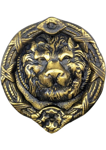 Antika Tarz Dekoratif Pirinç Aslan Kapı Tokmağı, Taktak - 185 Mm, Antik