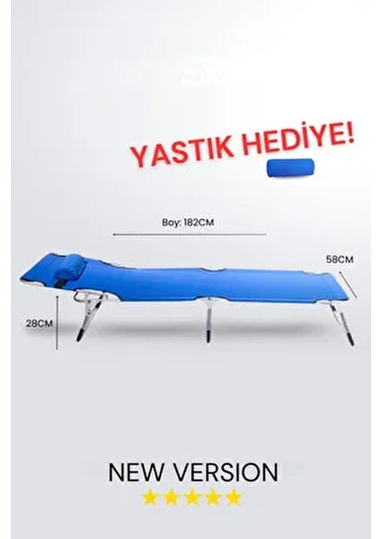 Ecm Mavi Katlanabilir Şezlong Kampet Plaj Yatağı-Oxfort Yırtılmaz Kumaş, Paslanmaz Gövde (Yastıklı)