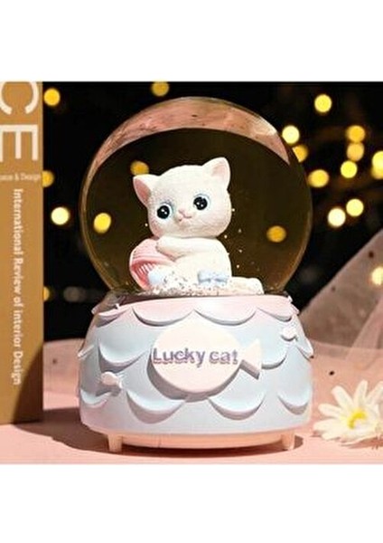 Sevimli Minnoş Kedi Lucky Cat Kar Küresi Büyük Boy Hediye Işıklı Müzikli Kar Küresi