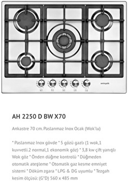 Ec-Ah 2250 Bw X70 Dng 70 cm Ankastre Gömmeli Inox Çelik Ocak modelleri