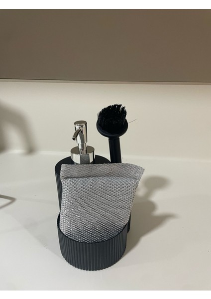 Tezgah Üstü Fırça Hediyeli Sabunluk Mutfak Banyo Sıvı Sabunluk Takımı Süngerlik Bez Seti