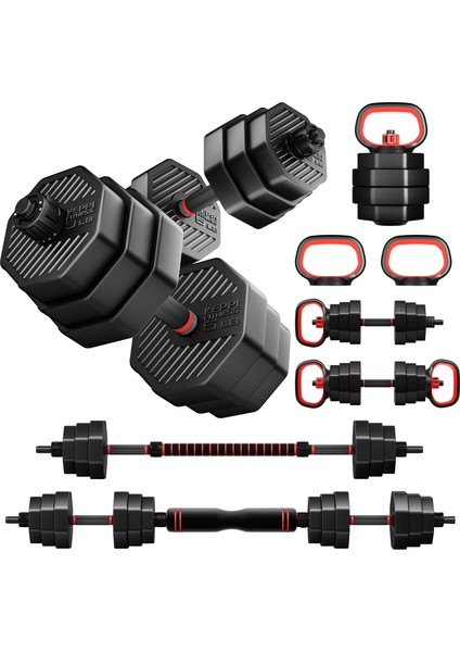 4’ü 1 Arada Dambıl Seti 20 kg | Ayarlanabilir Dumbbell – Barbell – Kettlebell – Şınav Barı Spor Seti