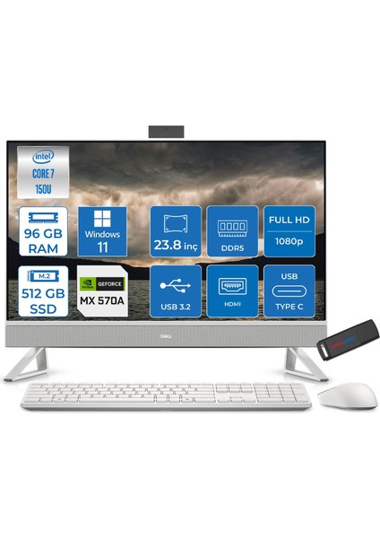 27 All-In-One Intel Core 7 150U 96GB Ddr5 512GB SSD Windows 11 Home 2gb MX570A 27 Inç Fullhd Wva Dokunmatik All In One Bilgisayar EC27250H37 + Zetta Flash Bellek