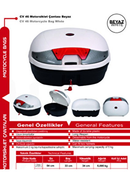 Motorsiklet Arka Çanta 46 Litre Beyaz