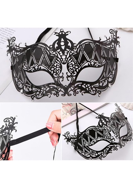 Kristal Gümüş Taşlı Siyah Renk Lazer Kesim Metal Lüks Maske Balo Parti (5224)