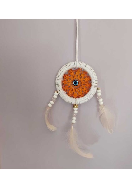 El Yapımı Turuncu Nazar Boncuklu Dreamcatcher – Tüylü, Boncuklu, Dekoratif Duvar ve Araba Süs