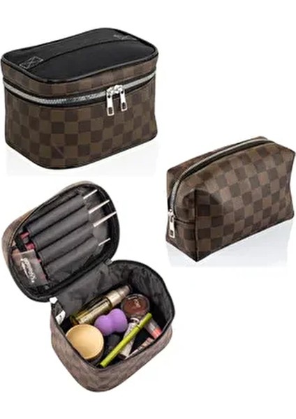 Pratik 2'li Makyaj Organizatörü Polyester Malzemeden Şık Seyahat Çanta Seti