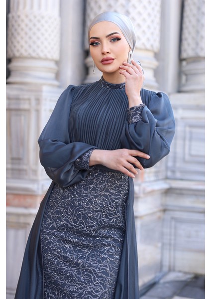 Lavanta Şifon Detaylı Gliten Kumaş Şık Tesettür Abiye