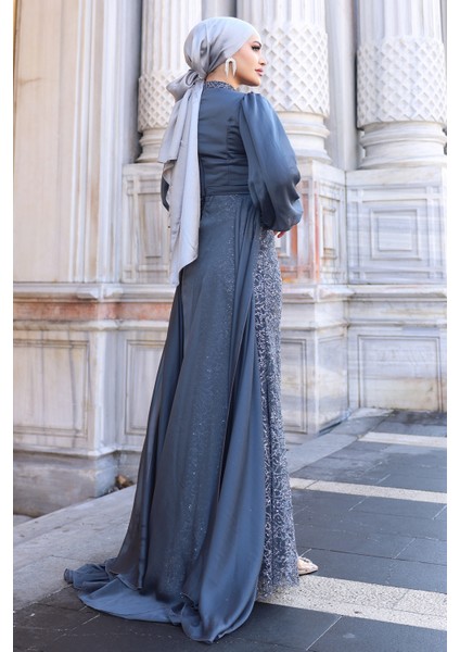 Lavanta Şifon Detaylı Gliten Kumaş Şık Tesettür Abiye