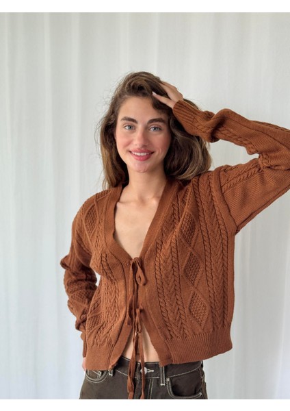 Önden Bağlamalı Hırka Kadın Kahverengi modelleri