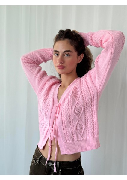 Önden Bağlamalı Hırka Kadın Pembe