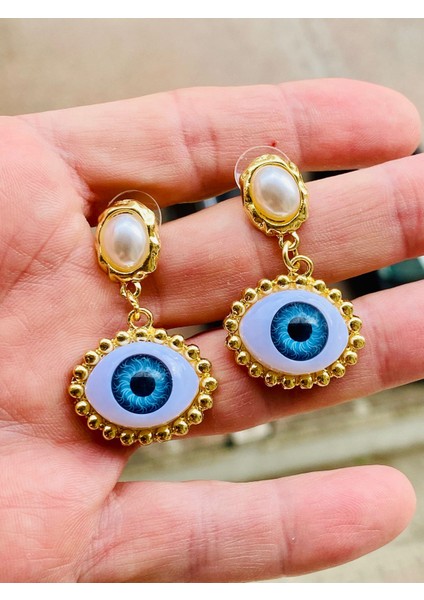 Inci Taşlı Altın Renk Sallantılı Tasarım Nazar Göz Küpe modelleri