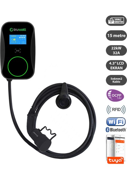 ZTD615 Duvar Tipi Elektrikli Araç Şarj Cihazı 32A/22KW/380V (15 Metre)