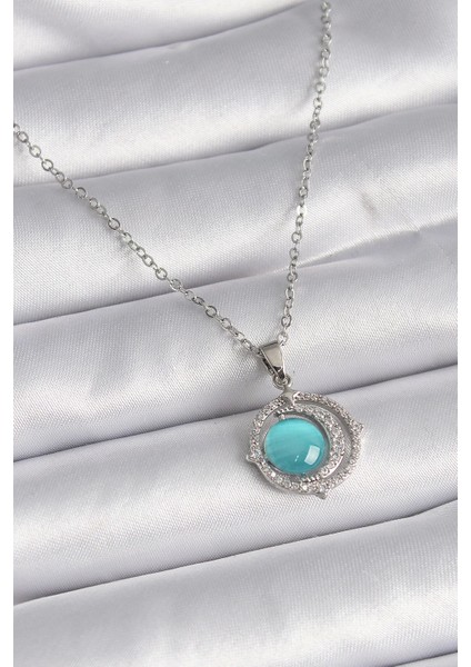 Bfs 316L Çelik Gümüş Renk Mavi Sedefli Hilal Model Kadın Kolye