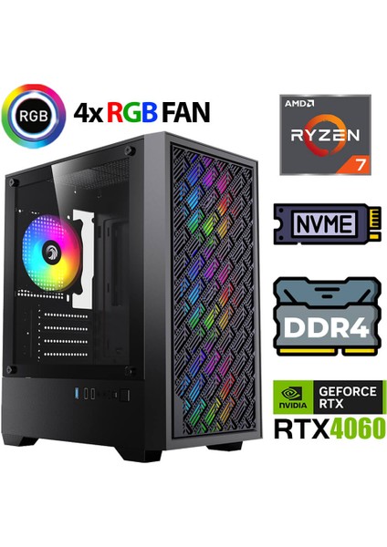 KX460 Ryzen 7 5700X 16GB Ram 512GB M.2 Nvme SSD 8gb RTX4060 Masaüstü Oyuncu Bilgisayarı
