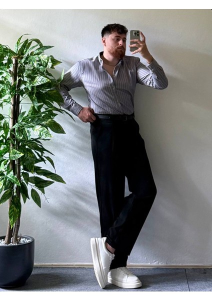 Erkek Gri Çizgili Uzun Kollu Slim Fit Şık Ofis Günlük Klasik Kombin Tarz Gömlek